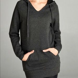 Pullover V Neck Hoodie Hip Covering Length